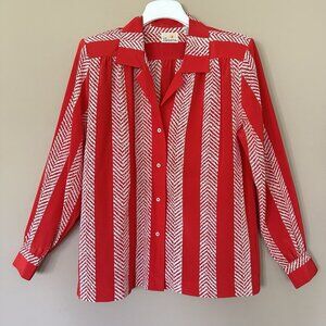 VTG Red White Button Shirt Women 10 Academia Preppy Office Teacher Modest Dressy